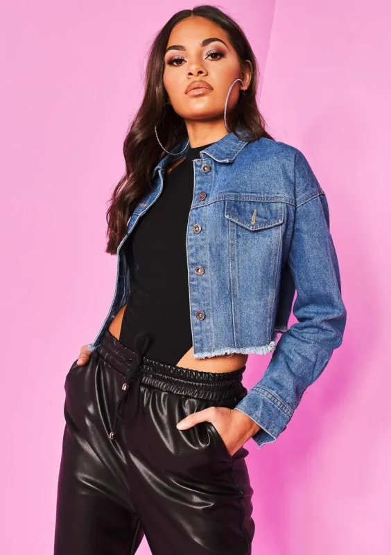 Teagan Denim Cropped Frayed Denim Jacket sold by Missy Empire