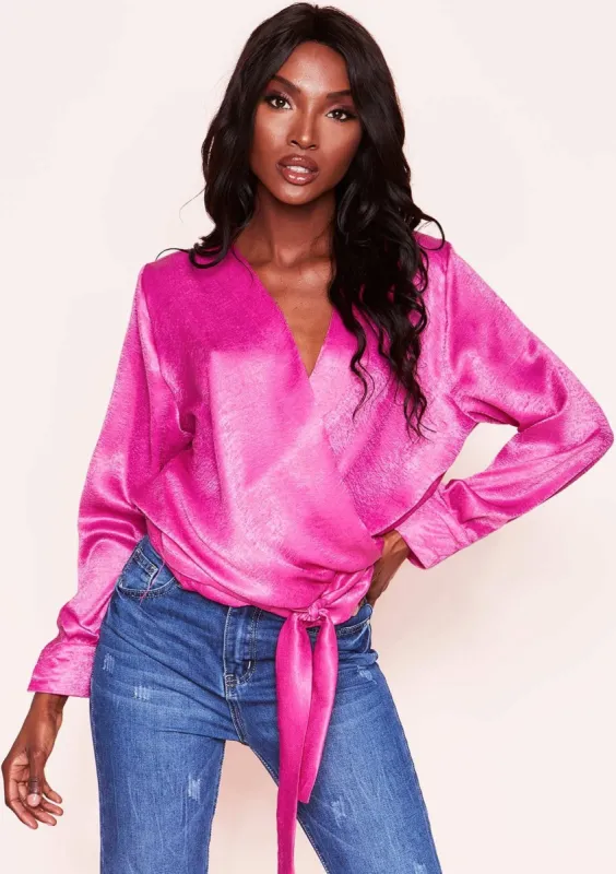 Yula Hot Pink Satin Feel Wrap Top sold by Missy Empire
