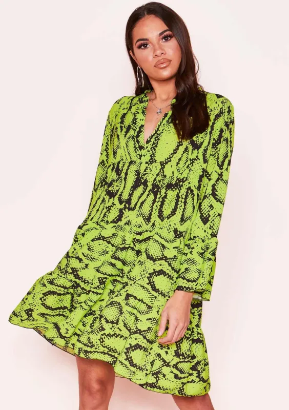 Clare Lime Green Snake Print Smock Dress made by Missy Empire