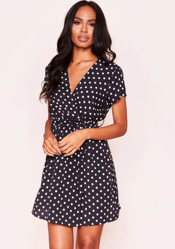 Zendaya Black Polkadot Wrap Mini Dress sold by Missy Empire