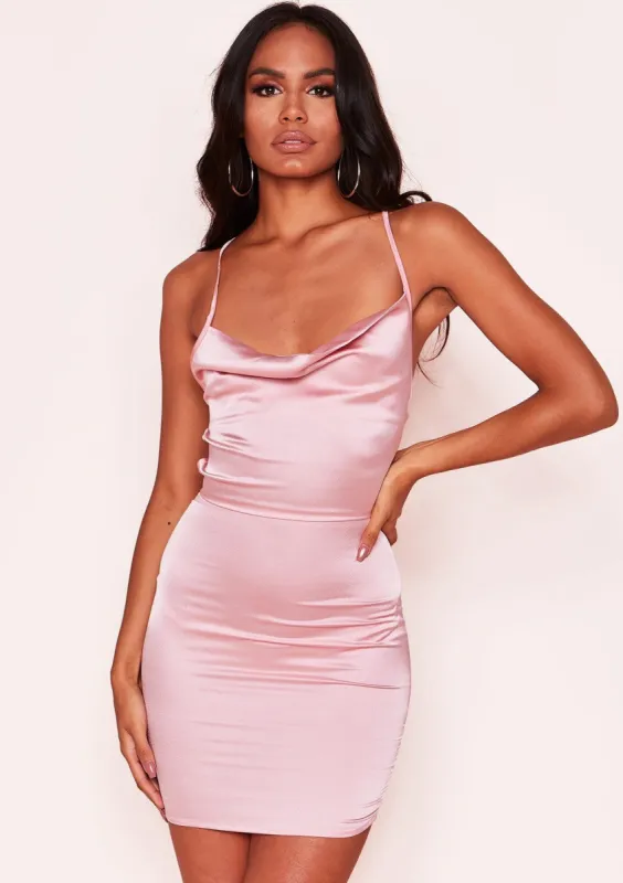 Aisha Pink Cowl Lace Up Back Mini Dress sold by Missy Empire