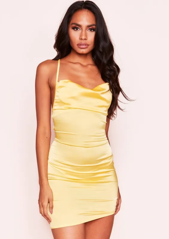 Aisha Yellow Cowl Lace Up Back Mini Dress sold by Missy Empire