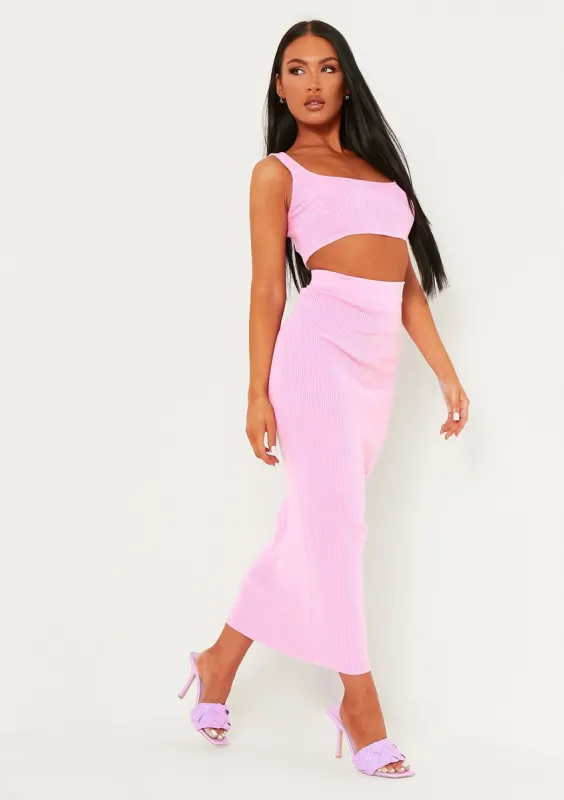 Robyn Pink Rib Knit Bralet And Midaxi Skirt Co-Ord made by Missy Empire
