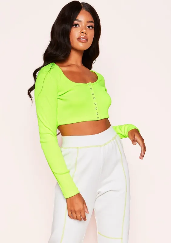 Iven Neon Green Button Up Ribbed Crop Top sold by Missy Empire