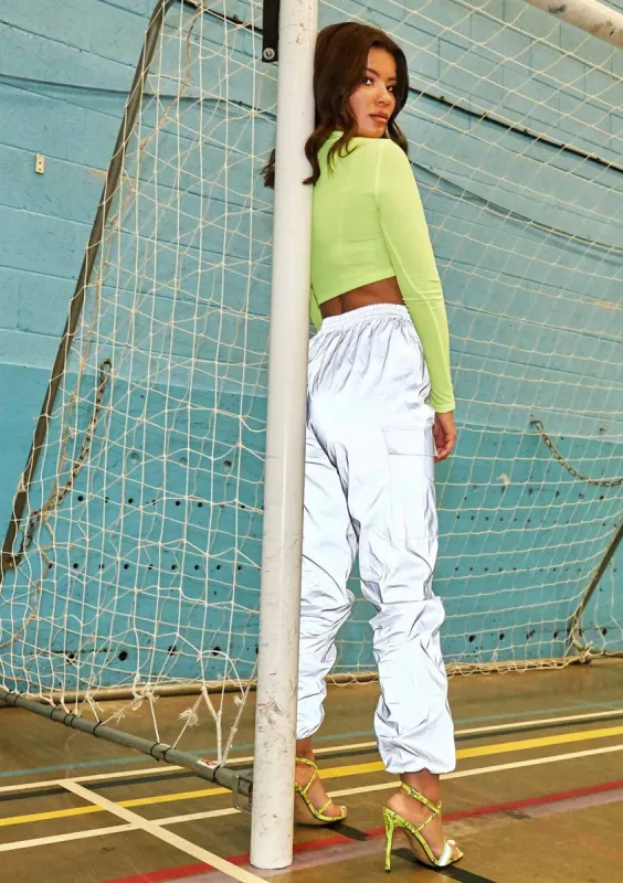 Zoe Silver Reflective Utility Cargo Trousers made by Missy Empire