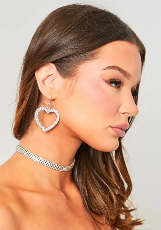 Luelle Silver Heart Shaped Diamante Earrings sold by Missy Empire