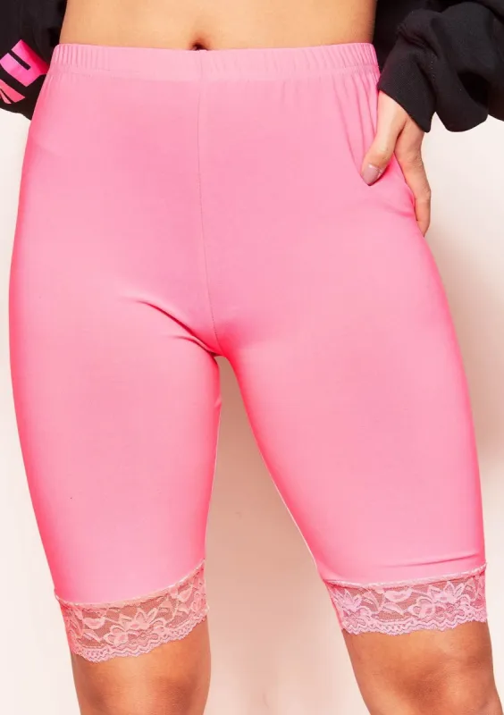 Amira Neon Pink Lace Trim Cycle Shorts made by Missy Empire