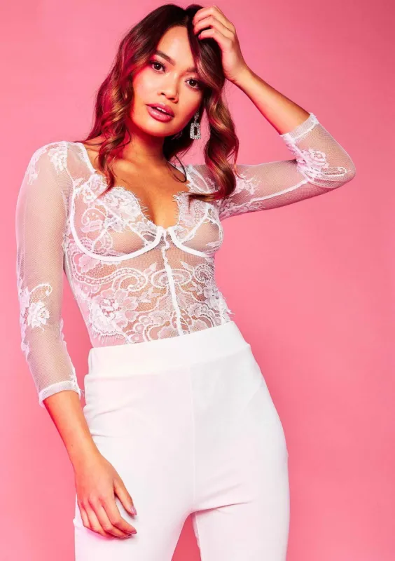 Patsy White Lace Mesh Long Sleeve Bodysuit made by Missy Empire