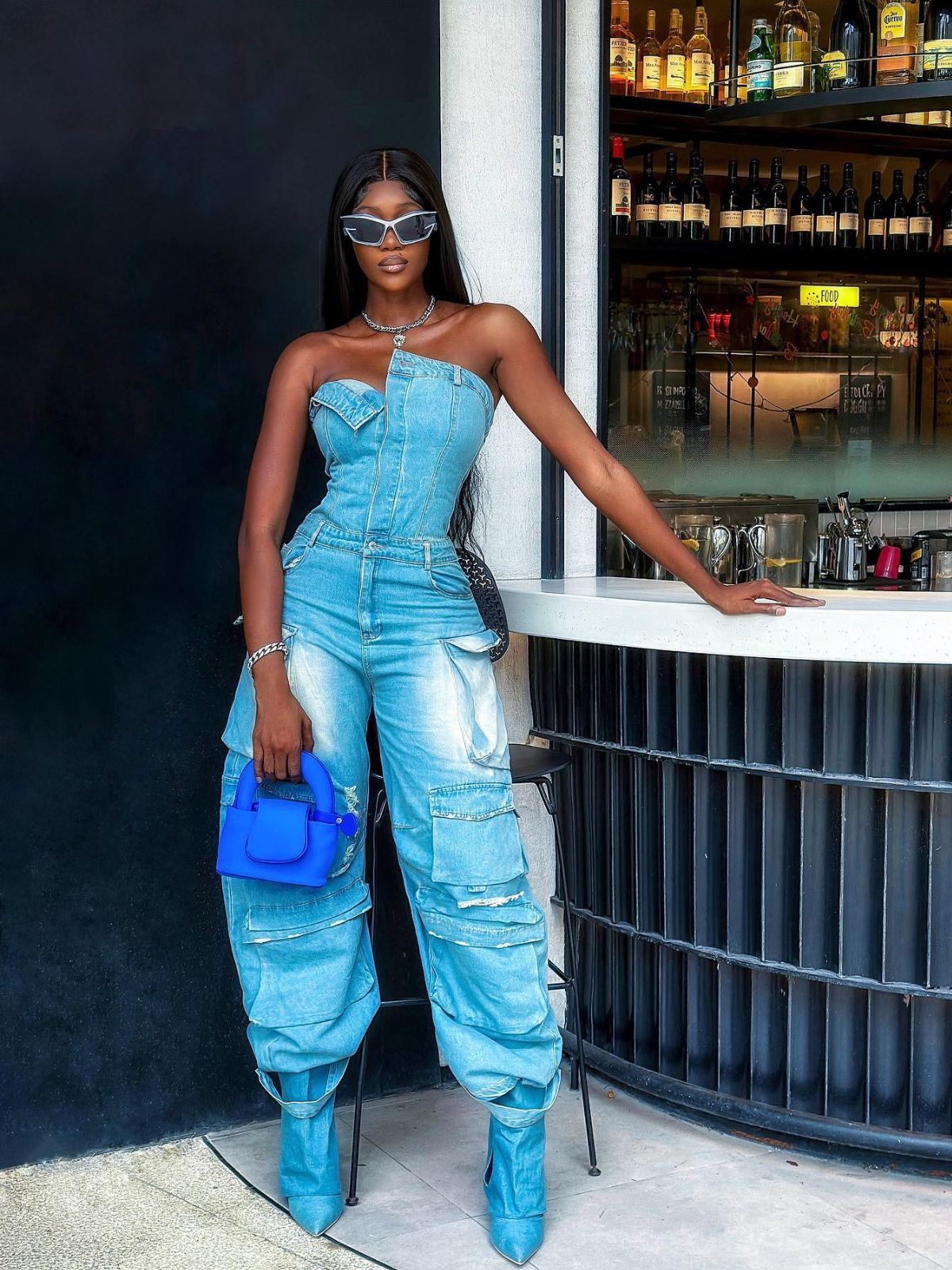 Eden Strapless Pockect Denim Jumpsuit In Blue sold by Mew Mews
