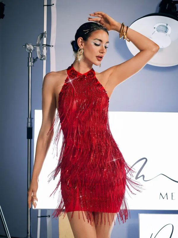 Charlize Crystal Fringe Mini Dress In Red sold by Mew Mews