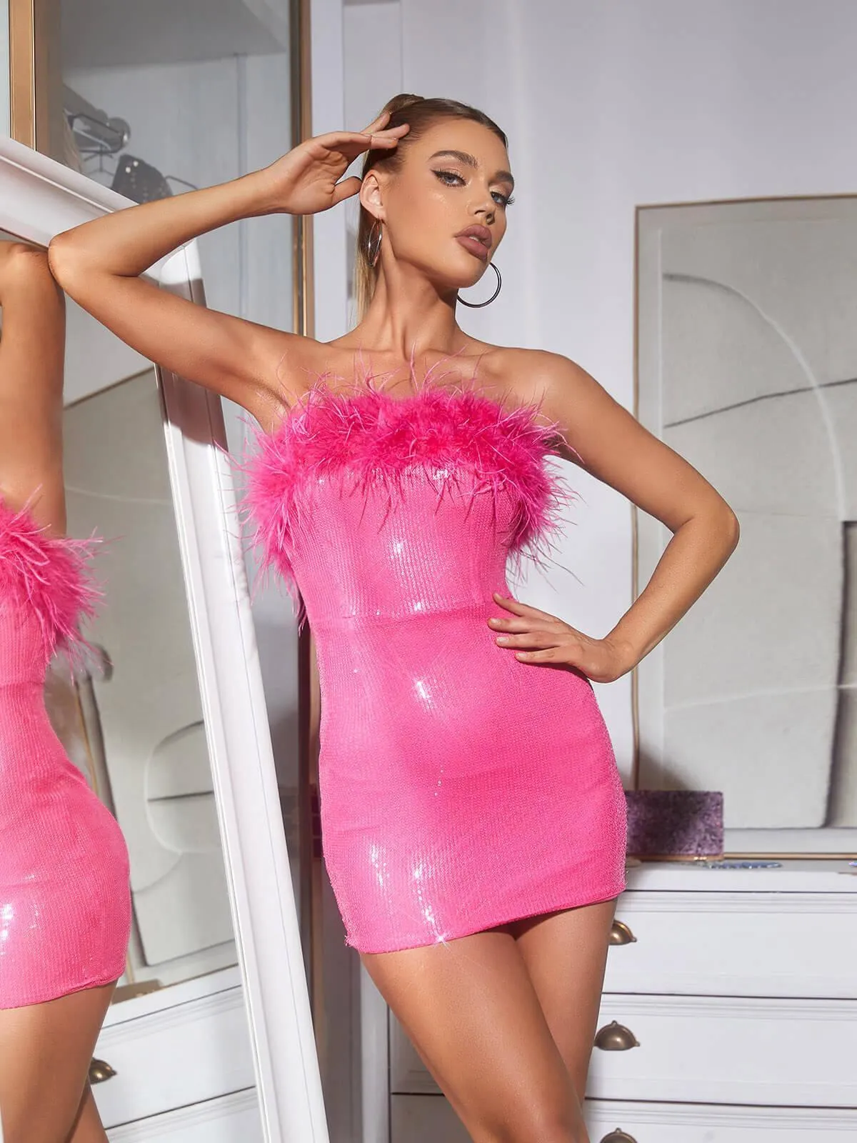 Marin Strapless Feather Sequin Mini Dress In Hot Pink sold by Mew Mews product image thumbnail 5