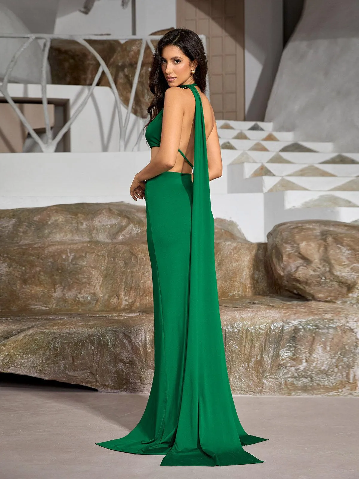 Mihi Draped Cutout Backless Maxi Dress In Green sold by Mew Mews product image thumbnail 2