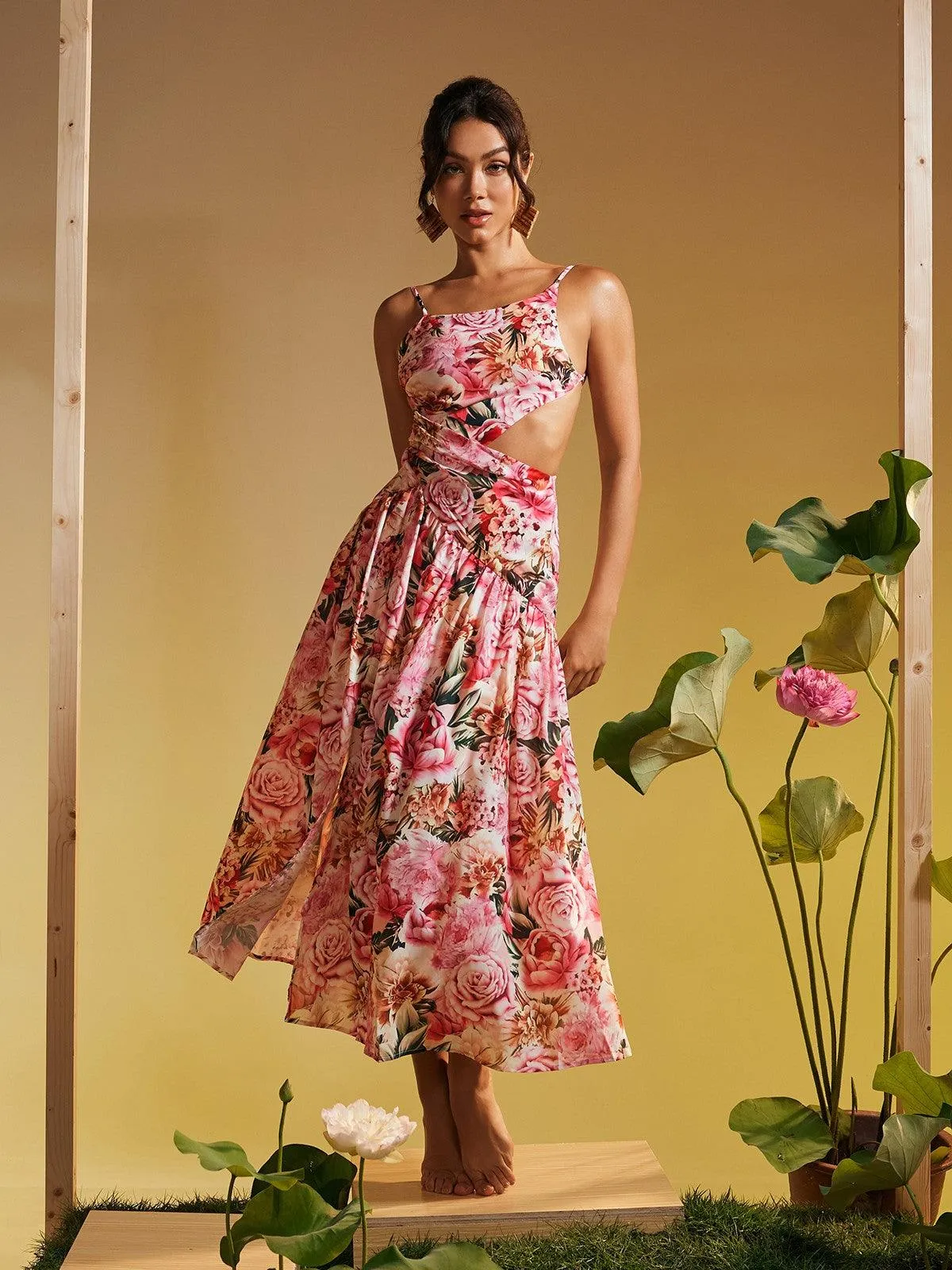 Acie Spaghetti Floral Print Midi Dress sold by Mew Mews