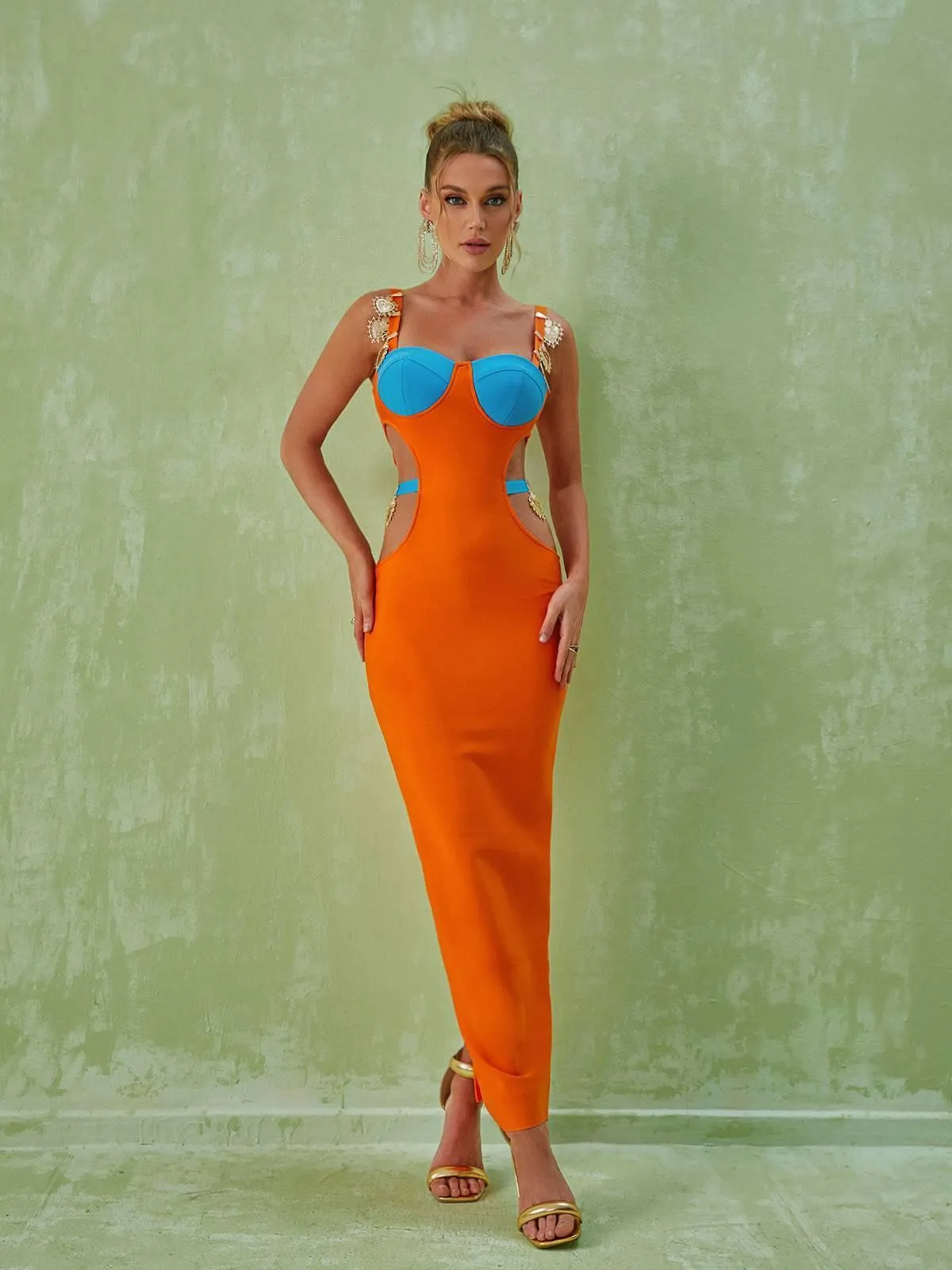 Margaux Embellished Cutout Maxi Dress In Orange sold by Mew Mews