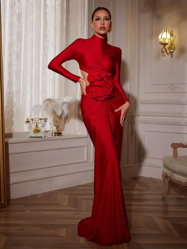 Renwick Long Sleeve Flower Cutout Maxi Dress In Red sold by Mew Mews