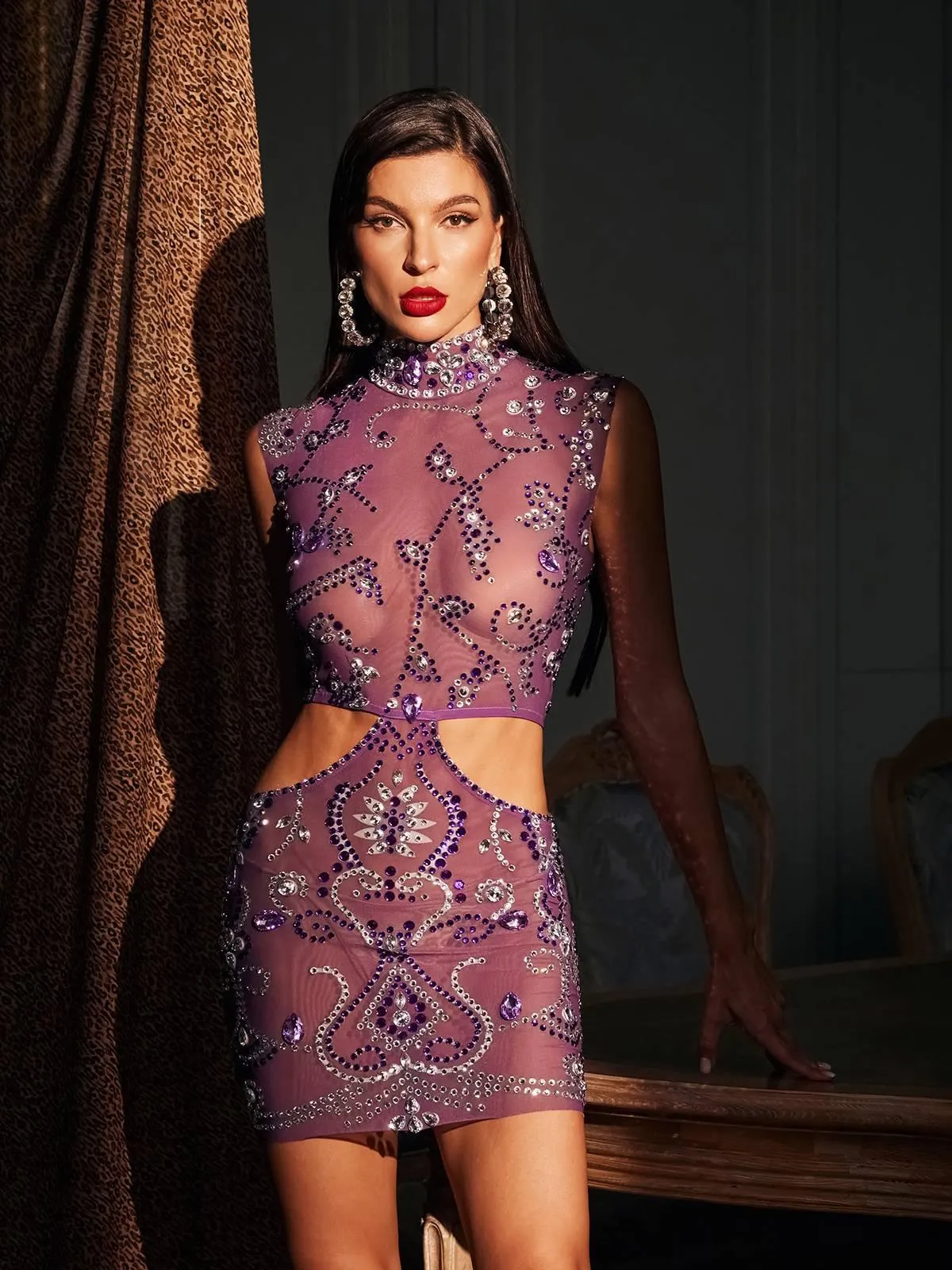 Phebe Sleeveless Rhinestone Cutout Mini Dress sold by Mew Mews product image thumbnail 4