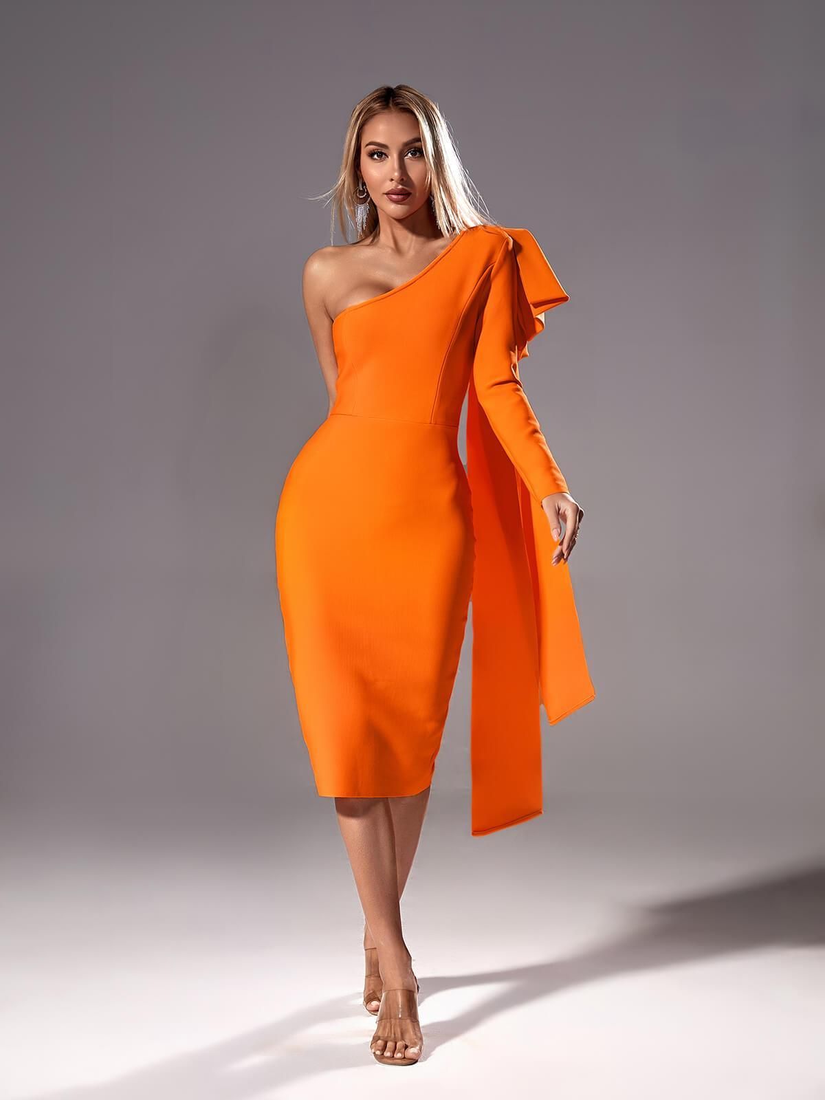 Willow One Shoulder Bandage Midi Dress In Orange sold by Mew Mews