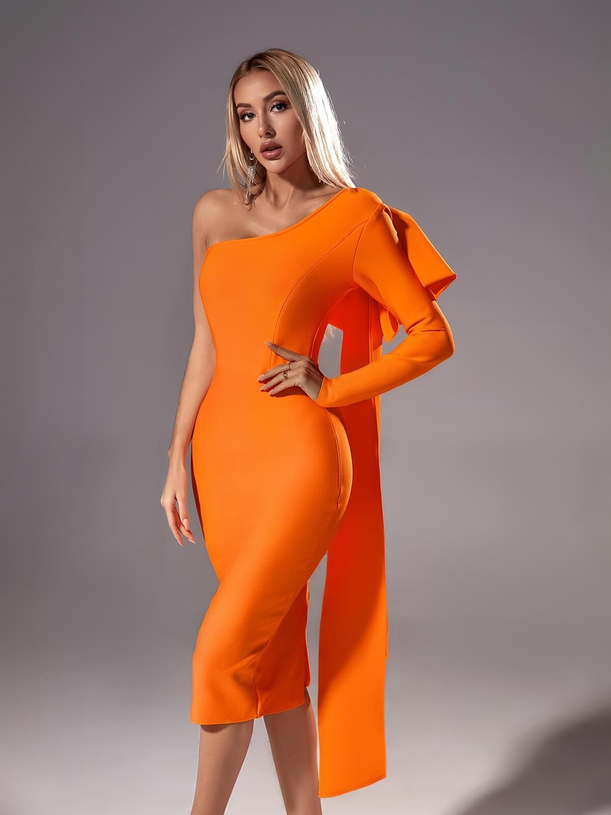 Willow One Shoulder Bandage Midi Dress In Orange sold by Mew Mews product image thumbnail 4