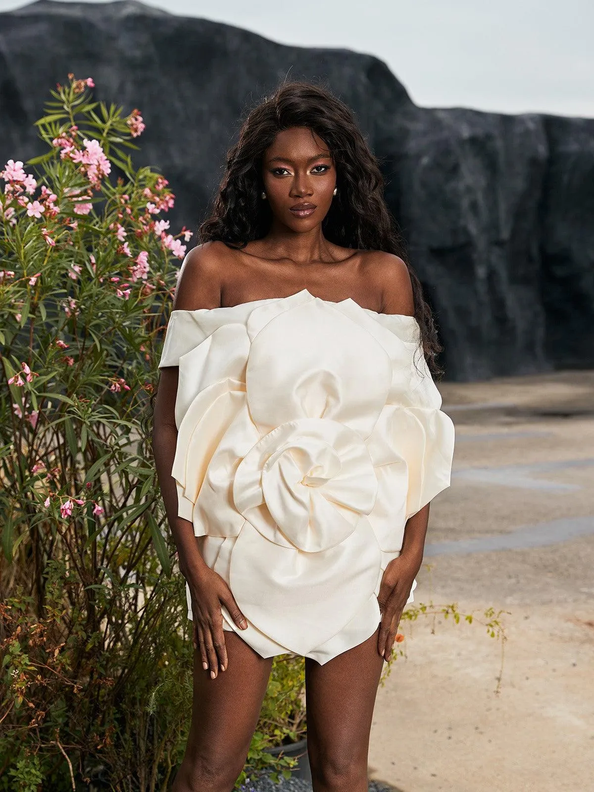 Gannon Off Shoulder Flower Satin Mini Dress sold by Mew Mews product image thumbnail 4