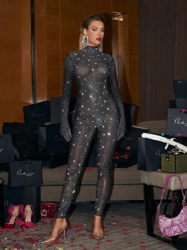 Ally Rhinestone Mesh Jumpsuit In Black sold by Mew Mews