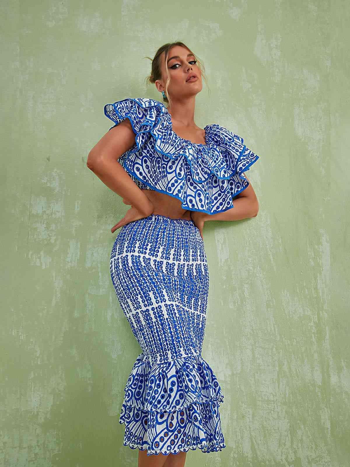Wisteria Ruffle Off Shoulder Hollow Set In Blue sold by Mew Mews product image thumbnail 3