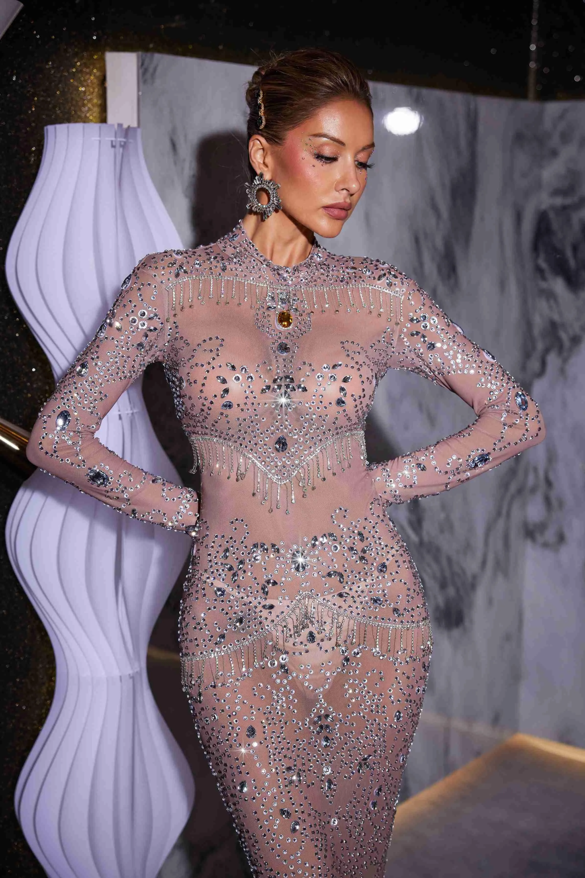Alonzo Rhinestone Fringe Mesh Maxi Dress sold by Mew Mews product image thumbnail 4