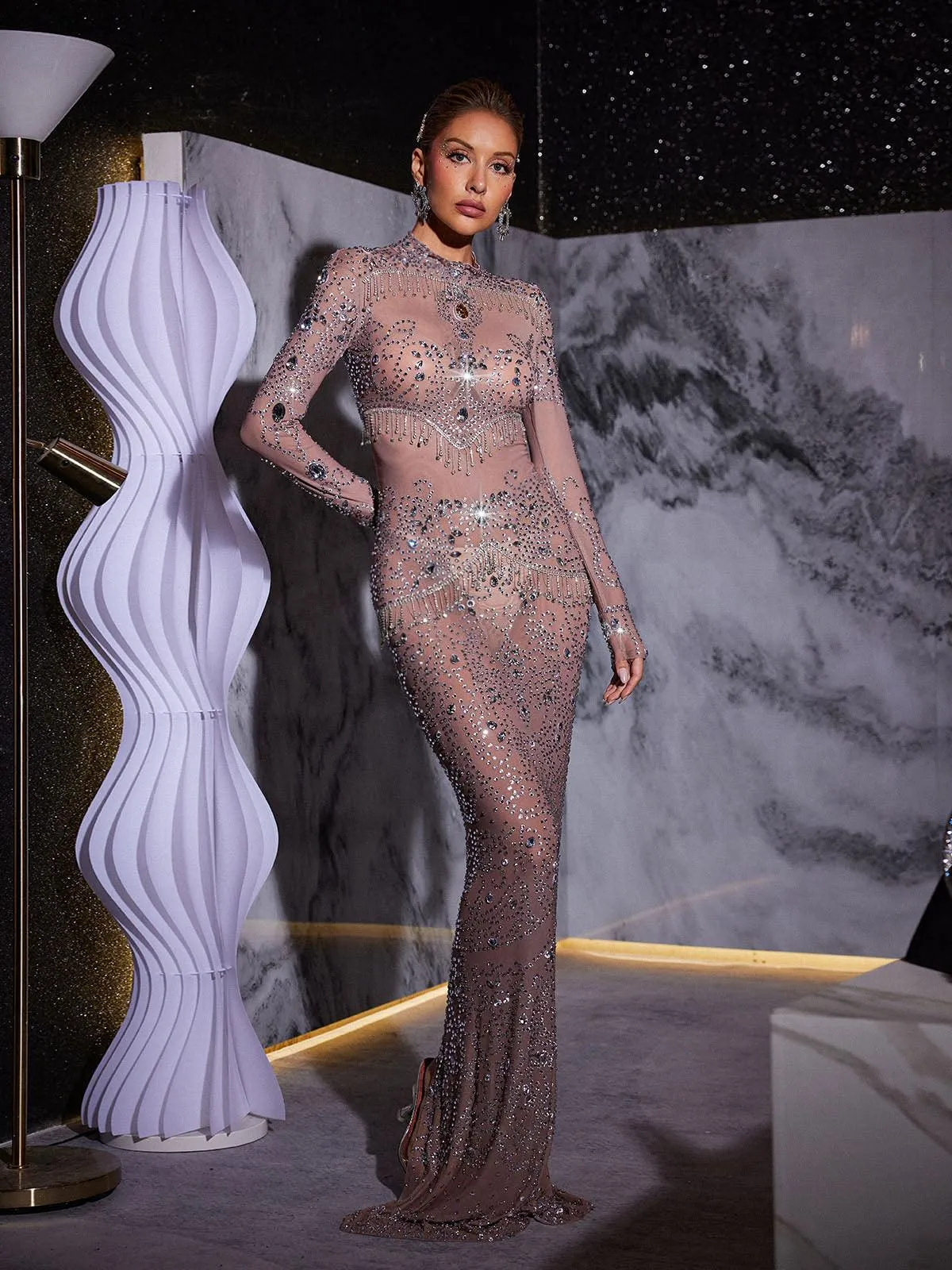 Alonzo Rhinestone Fringe Mesh Maxi Dress sold by Mew Mews