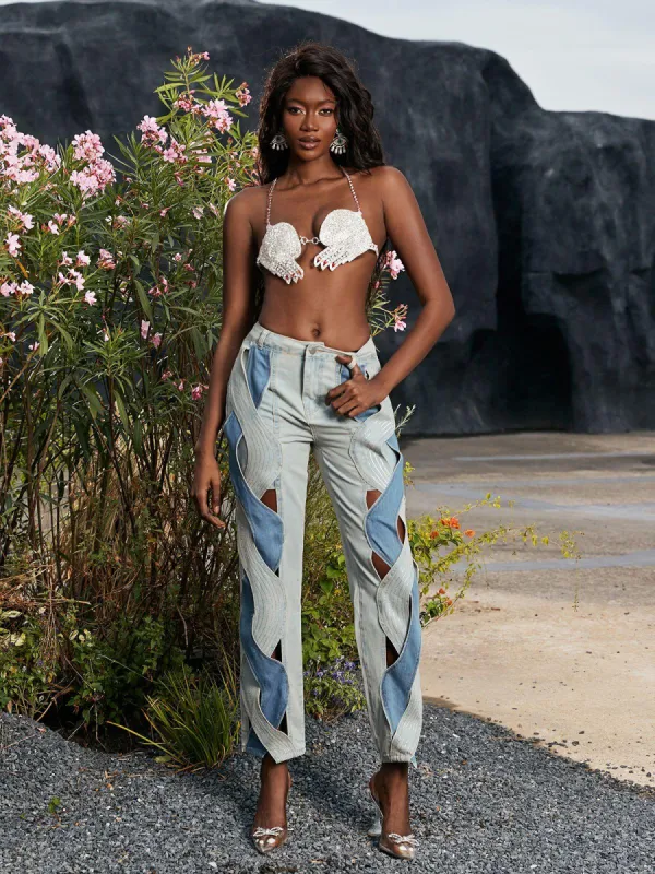 Mehetabel Cutout Denim Pants In Light Blue sold by Mew Mews