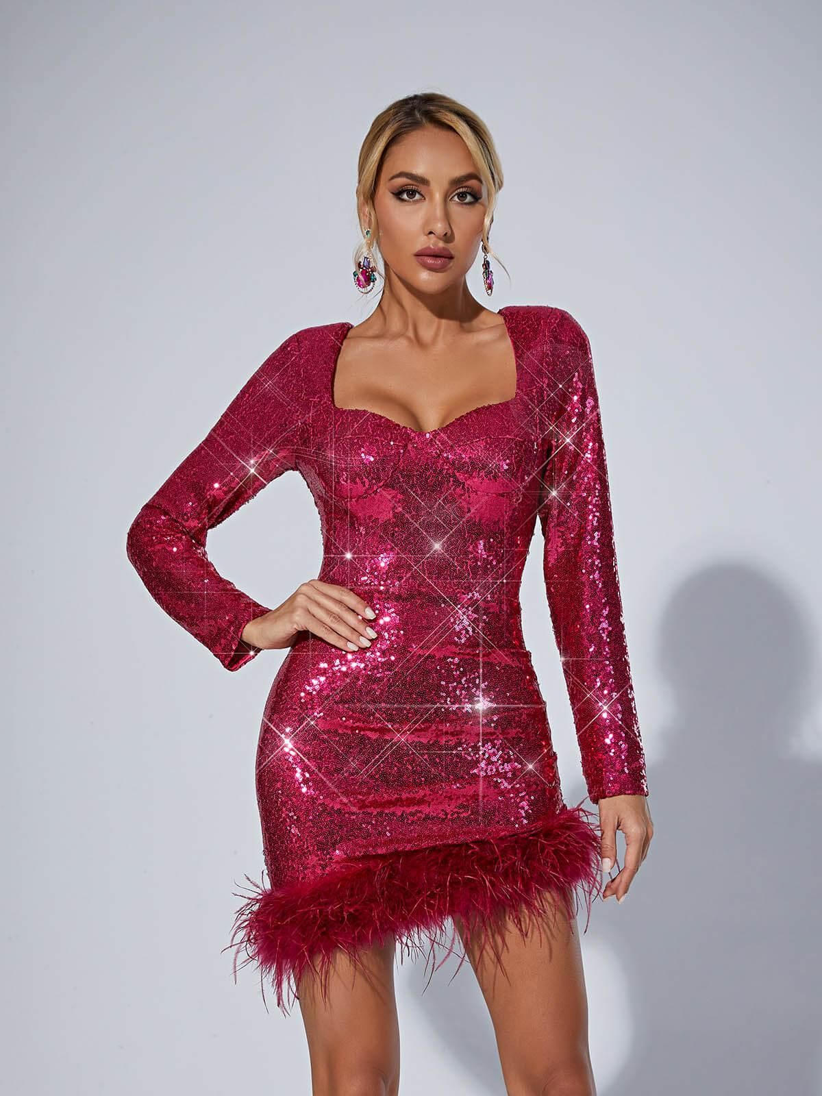 Daria Sequin Feather Mini Dress In Hot Pink sold by Mew Mews product image thumbnail 2