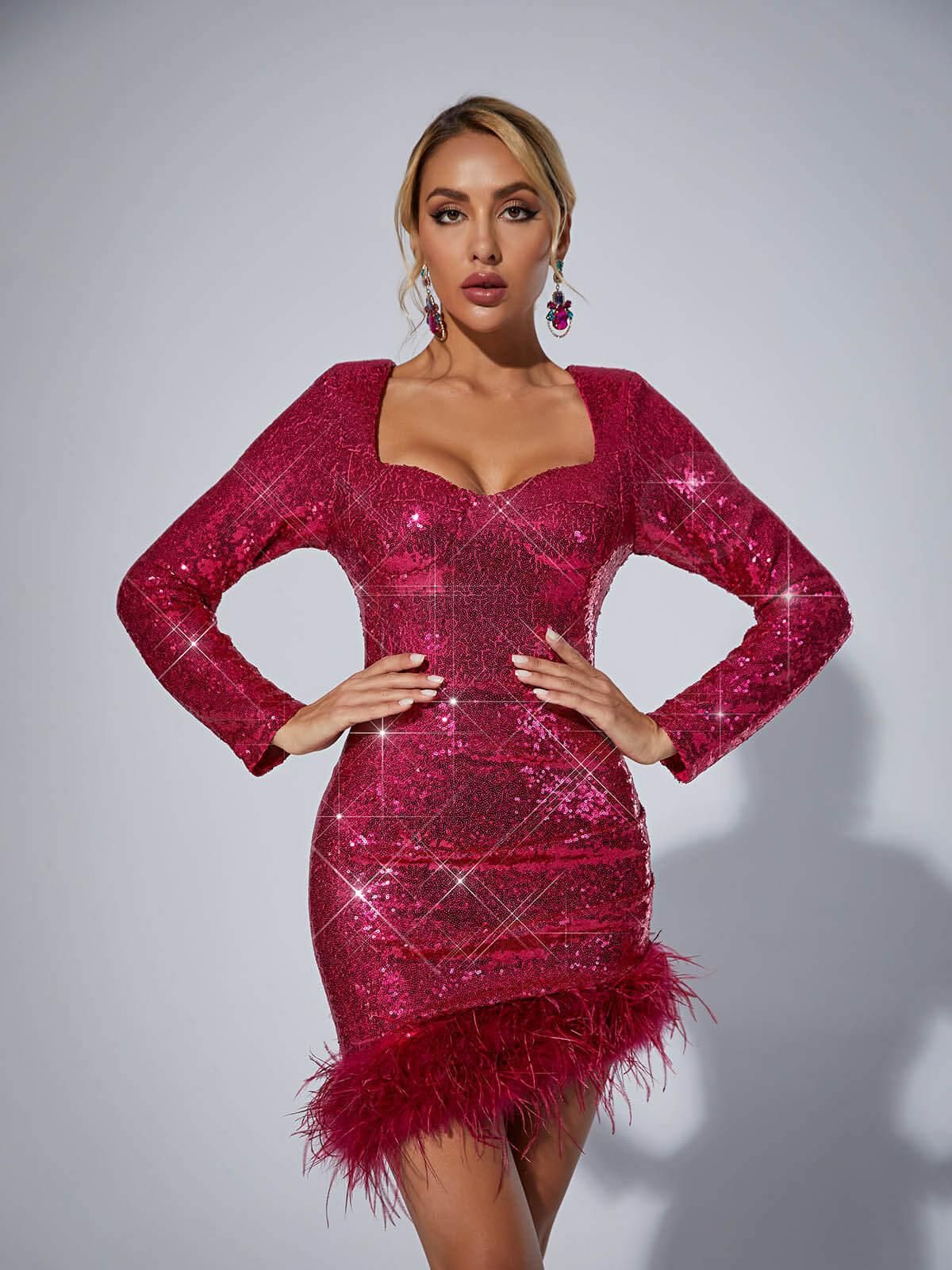 Daria Sequin Feather Mini Dress In Hot Pink sold by Mew Mews