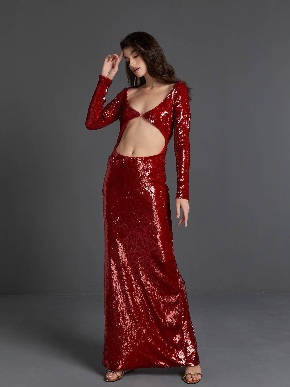 Ailana Long Sleeve Sequin Cutout Maxi Dress sold by Mew Mews product image thumbnail 4