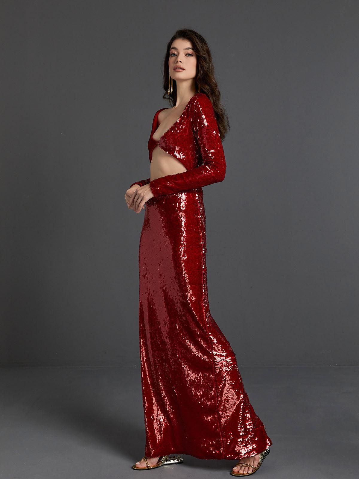 Ailana Long Sleeve Sequin Cutout Maxi Dress sold by Mew Mews product image thumbnail 5