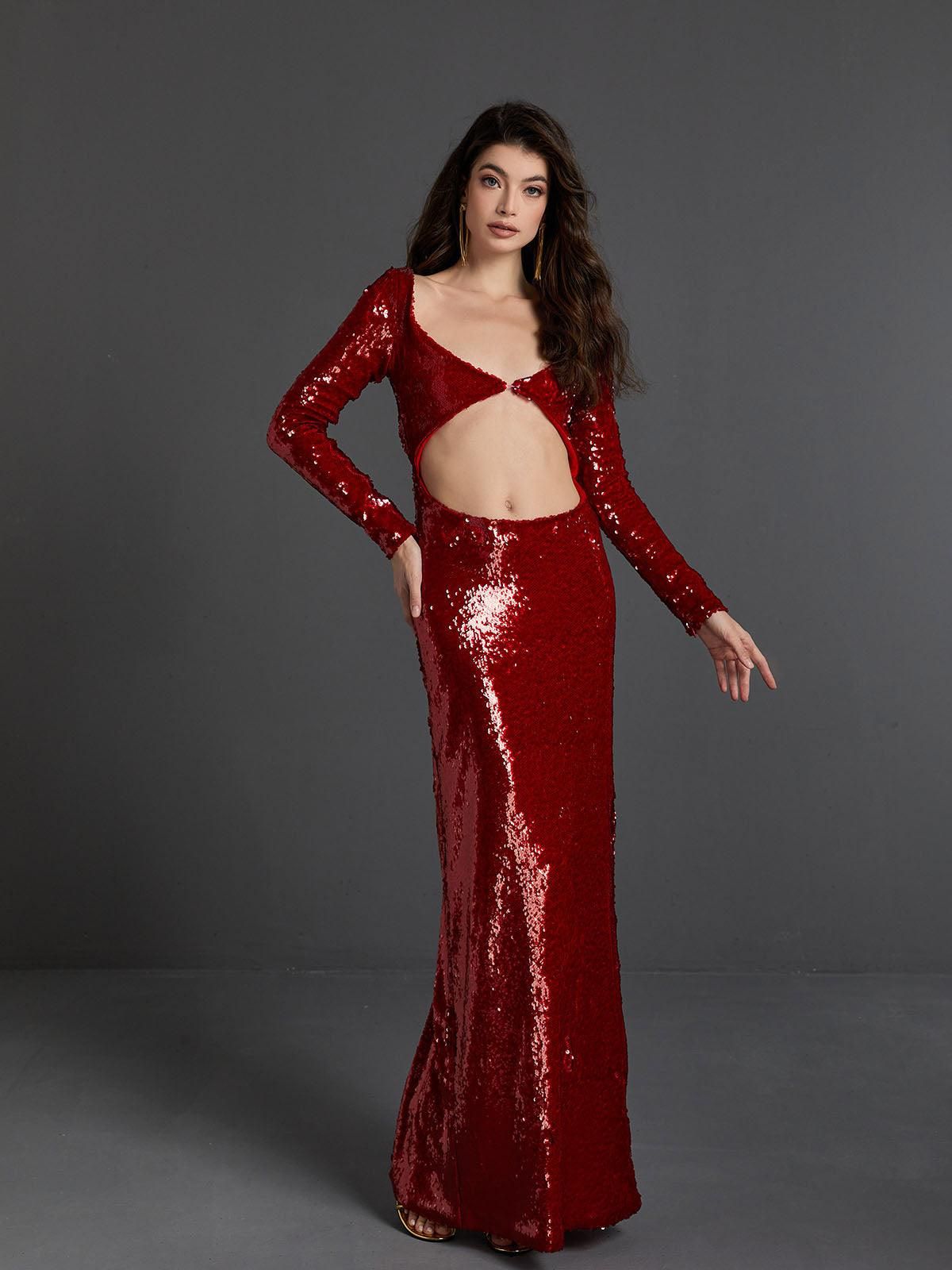 Ailana Long Sleeve Sequin Cutout Maxi Dress sold by Mew Mews product image thumbnail 2