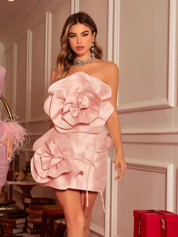 Anwen Strapless Flower Mini Dress In Blush sold by Mew Mews