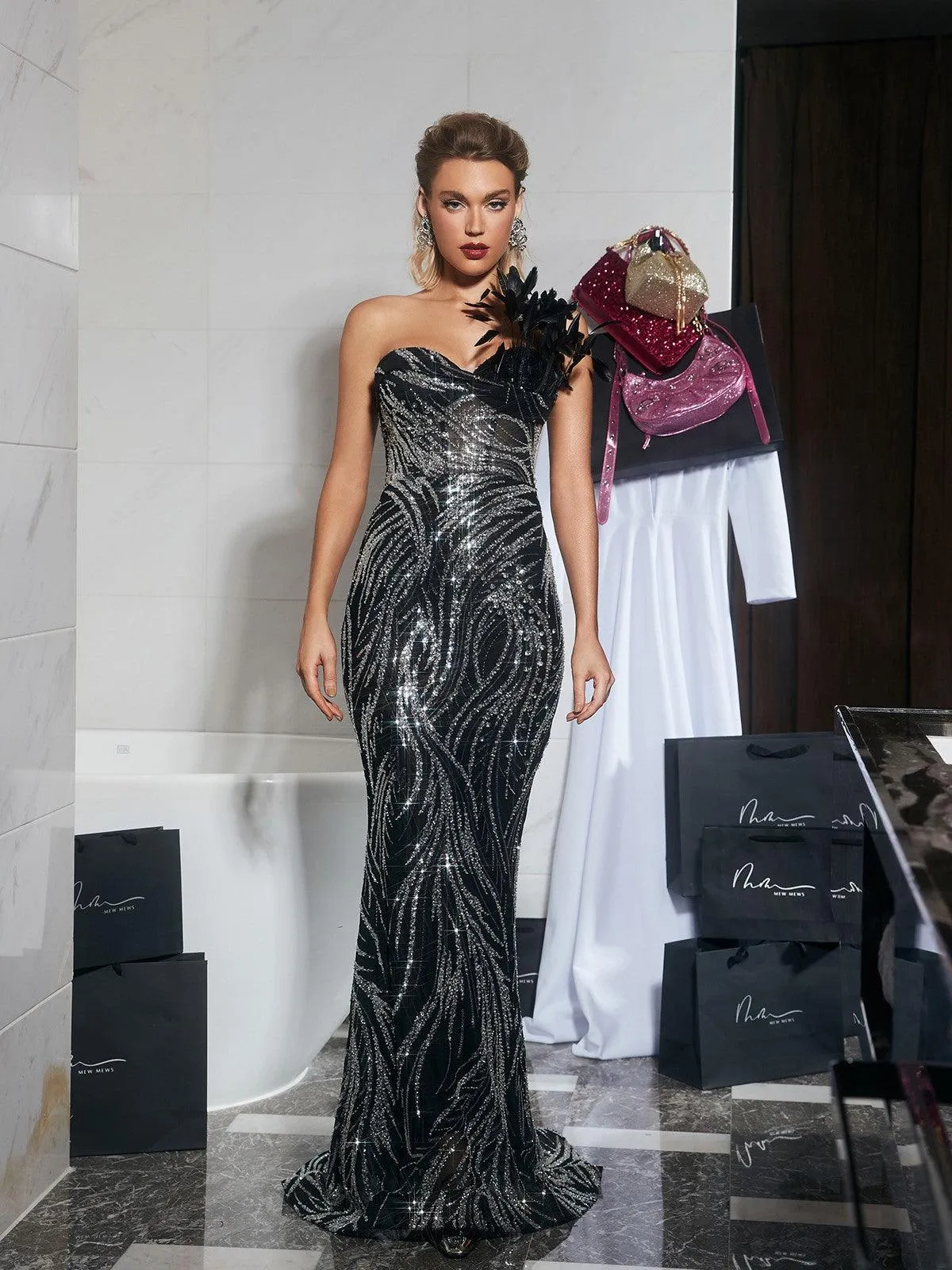 Ellery Strapless Sequin Feather Maxi Dress sold by Mew Mews product image thumbnail 4