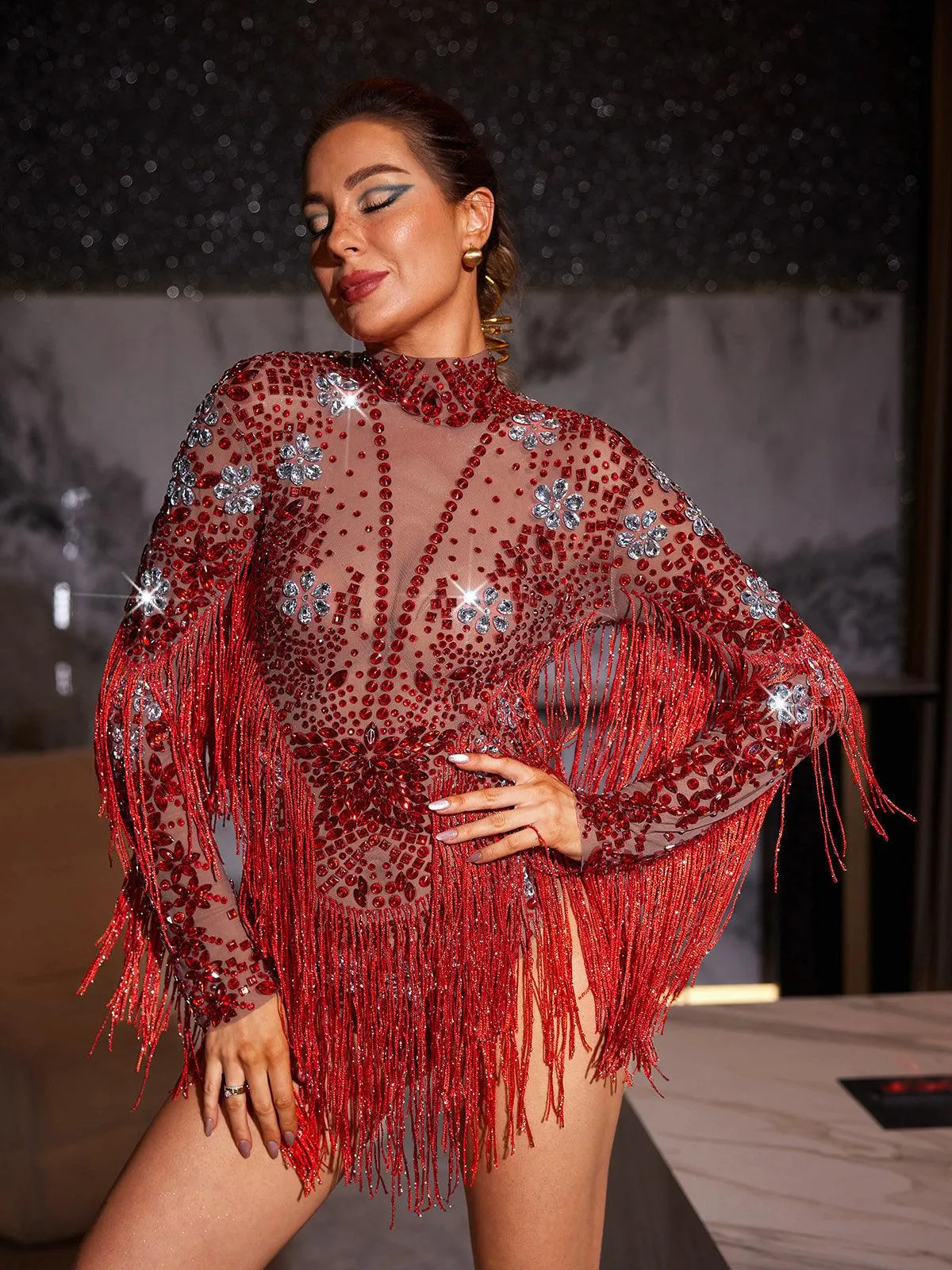 Macsen Rhinestone Fringe Bodysuit sold by Mew Mews