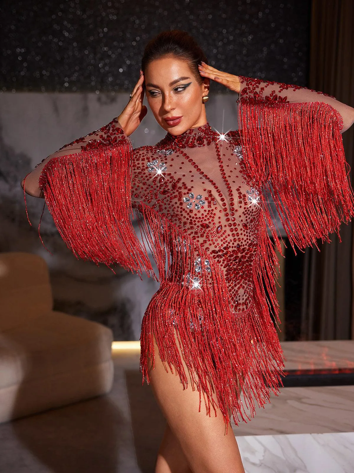 Macsen Rhinestone Fringe Bodysuit sold by Mew Mews product image thumbnail 2