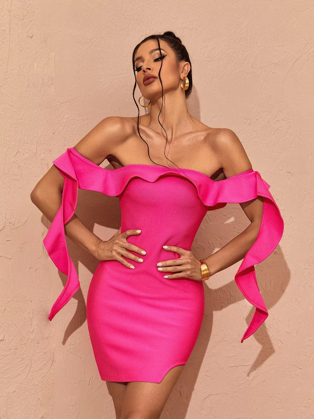Alivia Off Shoulder Ruffle Bandage Dress In Hot Pink sold by Mew Mews product image thumbnail 2