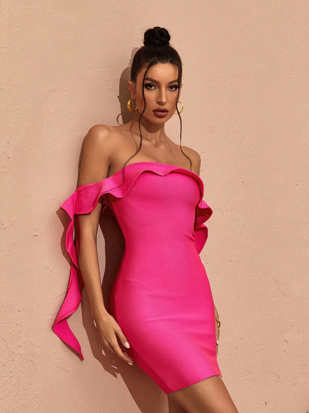 Alivia Off Shoulder Ruffle Bandage Dress In Hot Pink sold by Mew Mews product image thumbnail 3