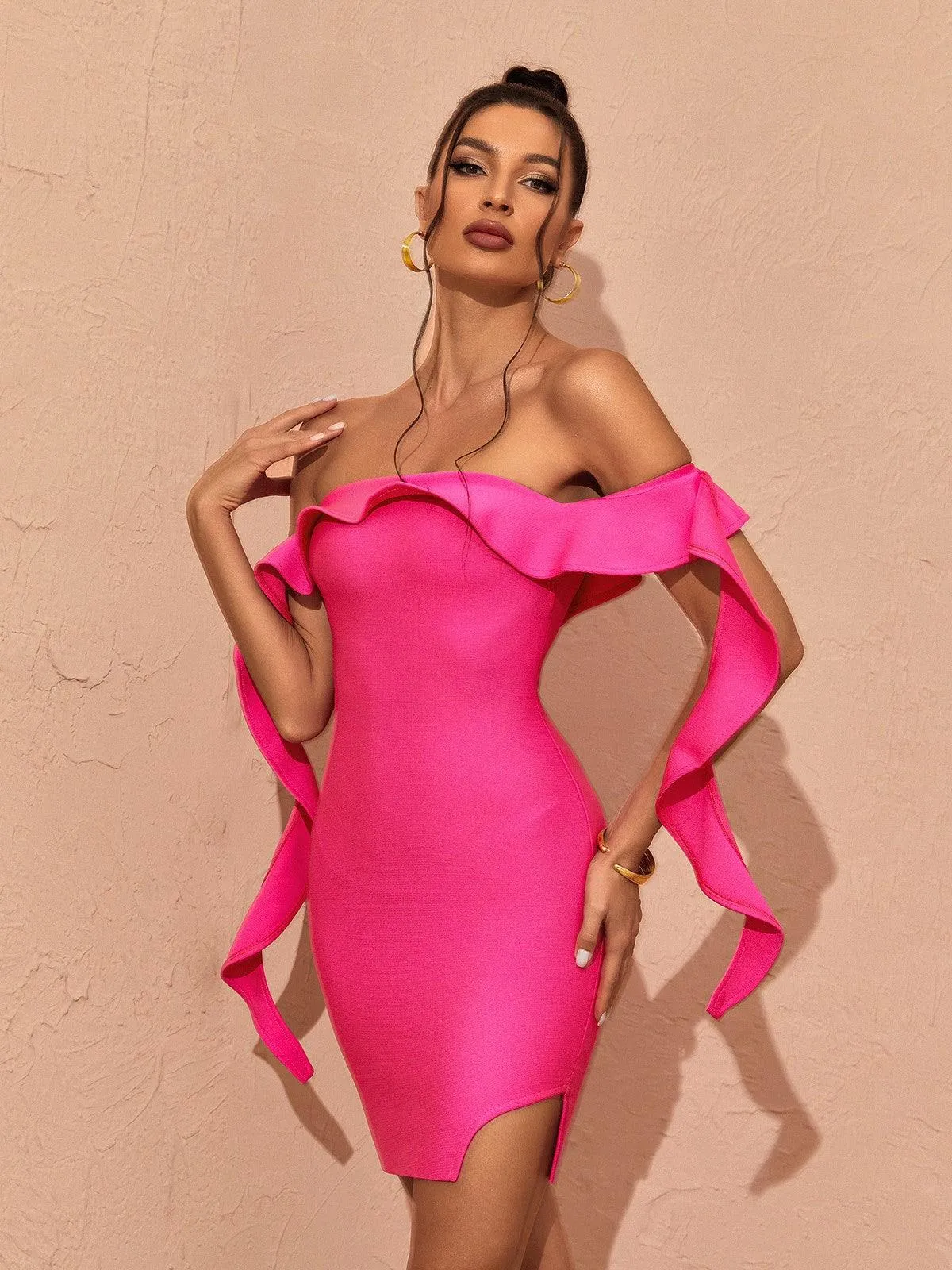 Alivia Off Shoulder Ruffle Bandage Dress In Hot Pink sold by Mew Mews product image thumbnail 4