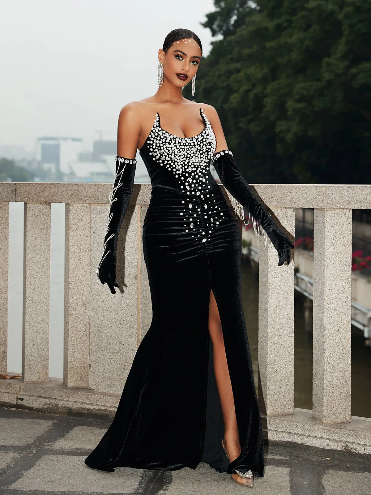Zev Strapless Rhinestone Velvet Dress With Gloves sold by Mew Mews product image thumbnail 2