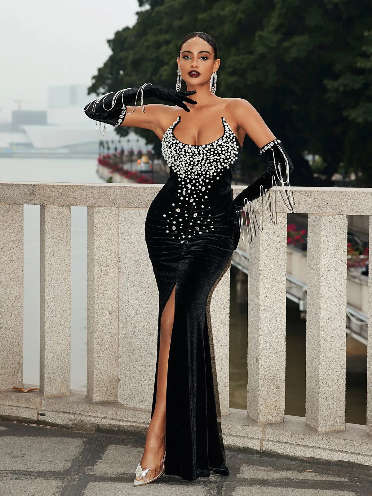 Zev Strapless Rhinestone Velvet Dress With Gloves sold by Mew Mews