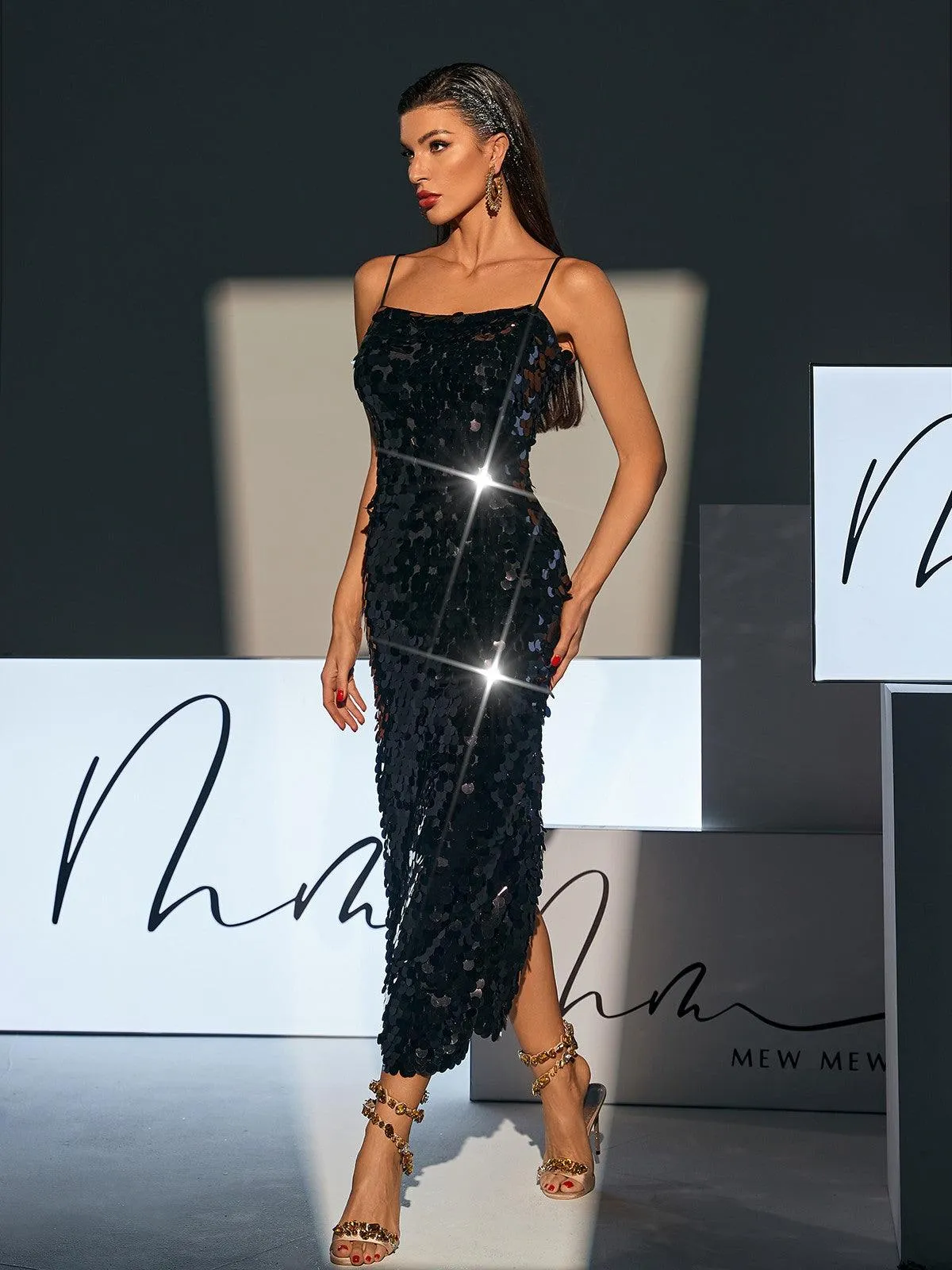 Eyre Spaghetti Sequin Midi Dress In Black sold by Mew Mews product image thumbnail 5