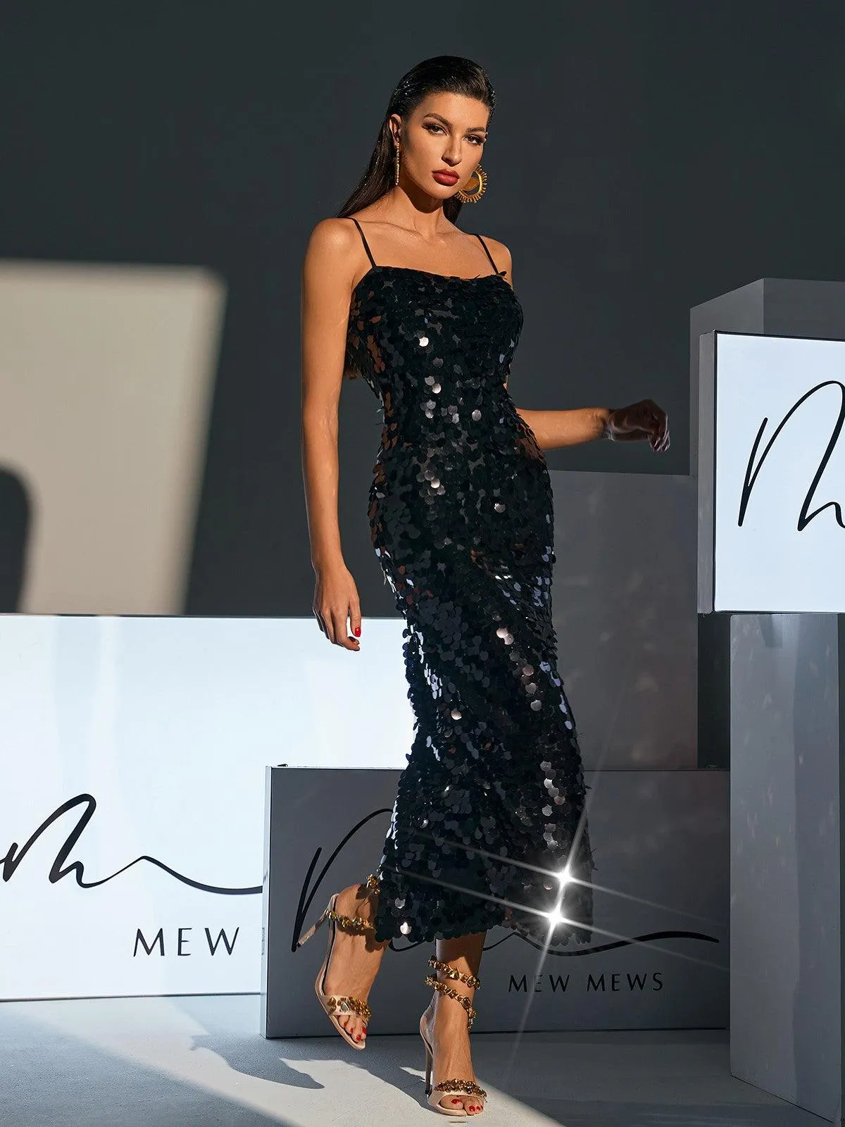 Eyre Spaghetti Sequin Midi Dress In Black sold by Mew Mews product image thumbnail 2