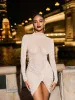 Milton Long Sleeve Rhinestone Ruched Mini Dress sold by Mew Mews