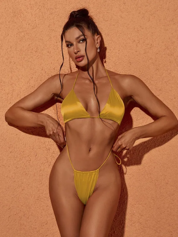 Orelia Satin Bikini Three Piece Set In Gold sold by Mew Mews