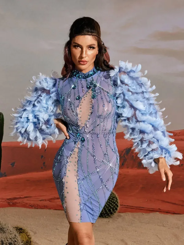 Platon Long Sleeve Feather Embellished Mini Dress sold by Mew Mews