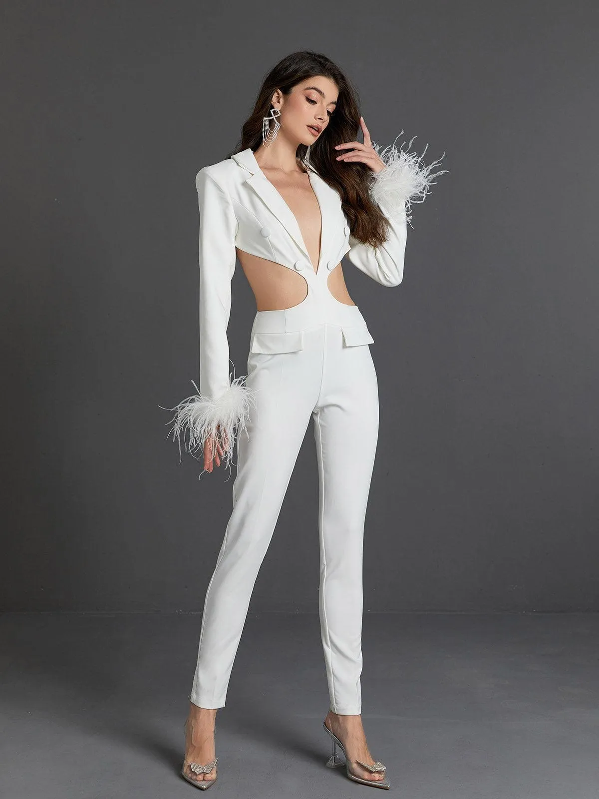 Eabha Long Sleeve Feather Jumpsuit sold by Mew Mews product image thumbnail 5