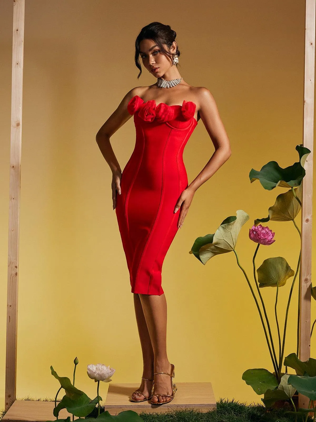 Adlai Strapless Flower Bandage Midi Dress sold by Mew Mews product image thumbnail 2