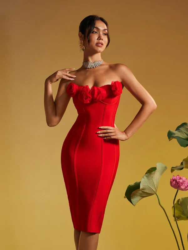 Adlai Strapless Flower Bandage Midi Dress sold by Mew Mews